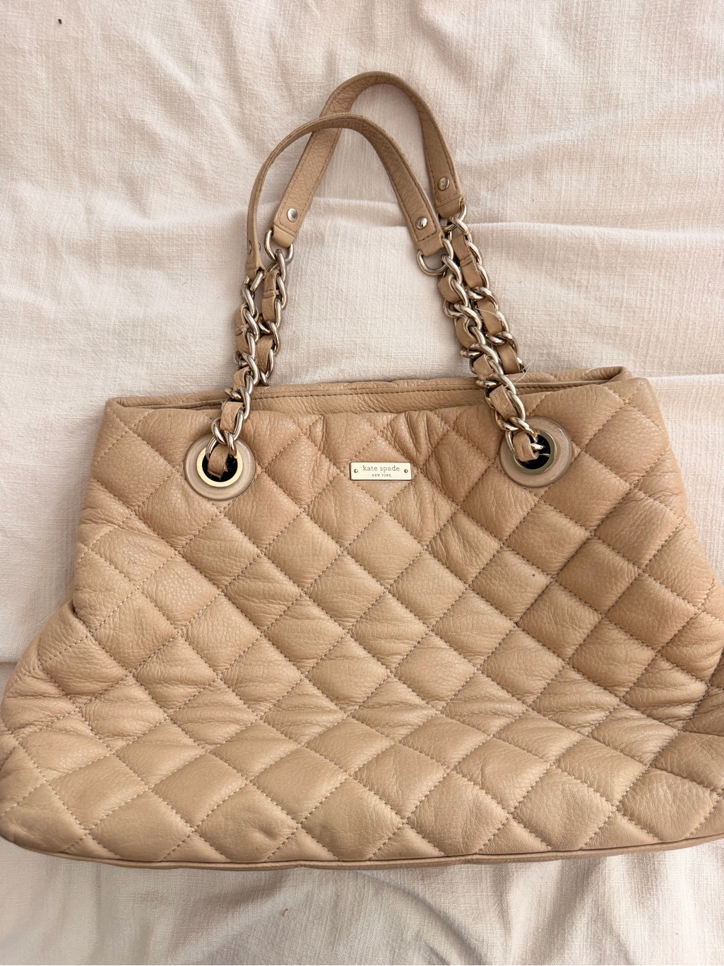 Kate Spade Quilted Beige Chain-Handle Tote